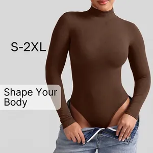 Slim fit dark brown ribbed long sleeve bodysuit for women with turtle neck and shaping effect