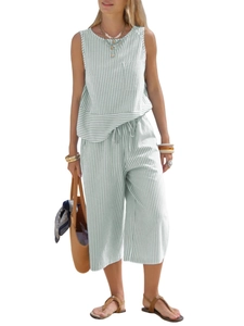 Detail of summer two-piece set with vertical green stripes on cotton sleeveless top and pants