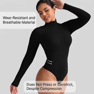 Women's black high-neck long-sleeve bodysuit with seamless shaping and compression fit