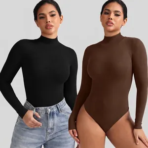 Women's turtleneck long sleeve bodysuit in ribbed knit fabric, black and brown options
