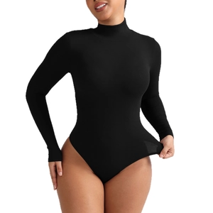 Slim fit black ribbed long sleeve high neck bodysuit for women in warm stretch fabric