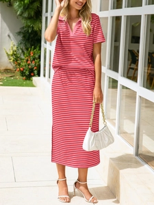 Detail of a casual women's knit two-piece set featuring red and pink horizontal stripes