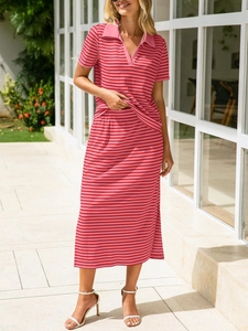Detail of pink and red striped two-piece polo top and midi skirt set for women