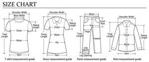 Detailed apparel size guide showing measurement methods for shirts and shorts