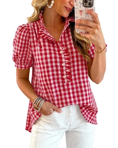 Close-up of red and white gingham short sleeve shirt with ruffle collar and puff sleeves