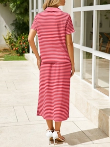 Outdoor back view of a pink and red striped knit polo shirt and midi skirt set