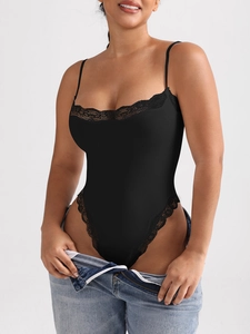 Sexy black lace bodysuit for women with slim fit design and delicate strap details