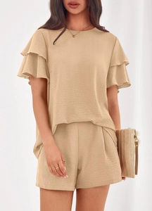 Detail of khaki crinkle fabric two-piece set featuring double-layered ruffle sleeves