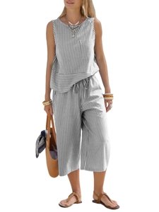 Detail of grey striped cotton two-piece set featuring sleeveless top and cropped wide pants