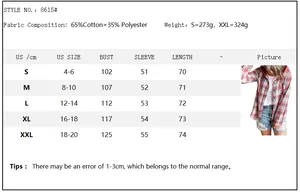 Detailed size chart for red plaid hooded shirt featuring measurements from S to XXL