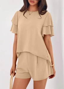 Detailed close-up of khaki ruffled sleeves and crinkle fabric texture on summer set