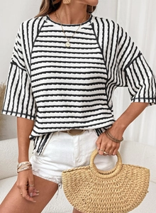 Close-up of high-quality knit texture on a black and white striped crewneck T-shirt