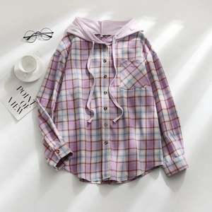 Plaid hooded shirt with purple and blue checkered patterns and button-down front