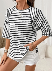 Detail of texture on striped knit short sleeve t-shirt with classic round neckline