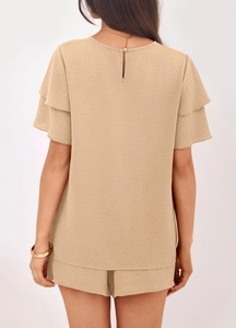 Back view of women's khaki two-piece set featuring double-layered ruffle sleeves and textured fabric