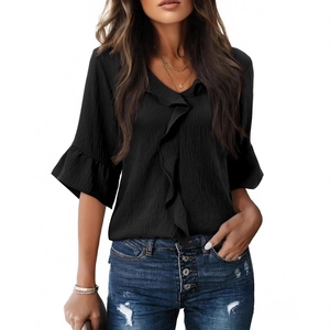 Women's black V-neck top with pleated texture, ruffle details and flare 3/4 sleeves