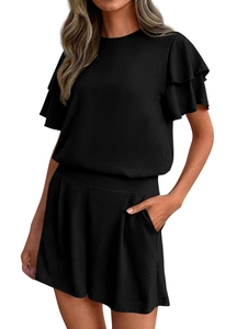 Detail of the ruffle sleeve design and waffle texture on this casual black two-piece set