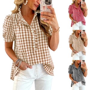 Women's Casual Gingham Check Short Sleeve Blouse With Ruffle Neckline And Button Front Summer Puff Sleeve Viscose Top