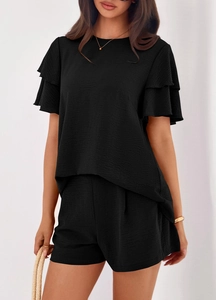 Detail of elegant ruffle sleeves on a black round-neck casual two-piece summer set
