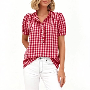 Women's summer red gingham short sleeve blouse with ruffle collar and button front