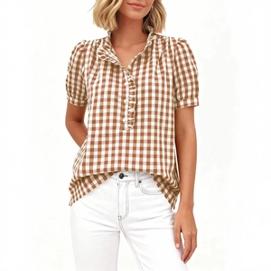 Women's plaid short sleeve shirt with ruffled collar and button-up front in brown and white