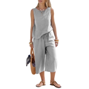 Women's summer two-piece cotton striped sleeveless top and cropped wide-leg pants set