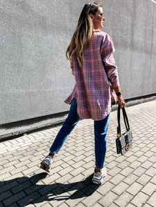 Oversized geruit wollen overhemd in roze en paars met zachte geborstelde stof en ronde zoom