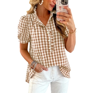 Women's casual brown gingham short sleeve shirt with ruffled collar and button-down front