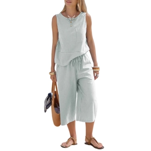 Women's summer two-piece cotton set with green striped sleeveless top and cropped pants