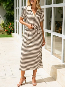 Detailed view of the striped polo shirt and midi skirt set with ribbed knit texture
