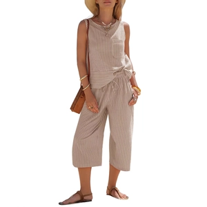 Women's summer cotton two-piece set featuring a striped sleeveless top and wide-leg trousers