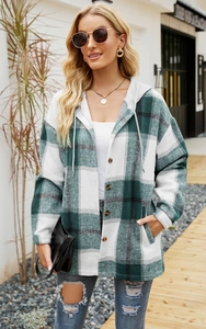 Detail of green and white plaid flannel hoodie with wood-style buttons and drawstrings
