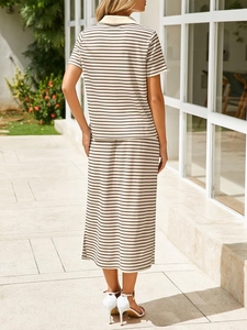 Close-up back view of summer two-piece striped set featuring a polo shirt and maxi skirt