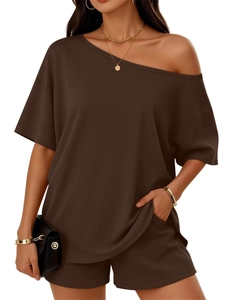 Detail of a casual two-piece dark brown knit set featuring an off-shoulder top and shorts