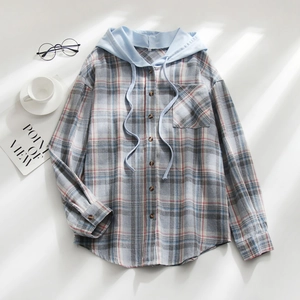 Women's plaid hooded casual shirt jacket with colorful check pattern and front buttons