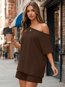 Detail view of coffee brown two-piece set with off-shoulder top and drawstring shorts