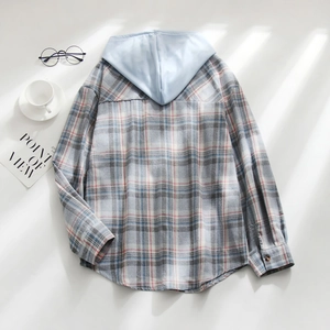 Back view of a long sleeve hooded plaid shirt in grey, blue, and pink plaid pattern