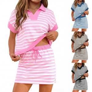 Women Striped Matching Outfit Polo V Neck Short Sleeve Top And Mini Skirt With Pockets Casual Summer Sports Skirt Wear