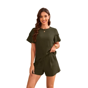 Women's summer two-piece lounge set with ruffle sleeve top and high-waist shorts in olive green