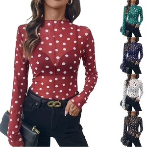 Maglietta Sexy da Donna a Pois in Mesh Lupetto Trasparente Manica Lunga Elegante Slim Fit Top per Feste e Vacanze