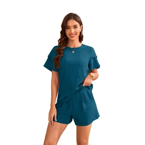 Women's dark teal casual two-piece set with ruffle short sleeves and matching shorts
