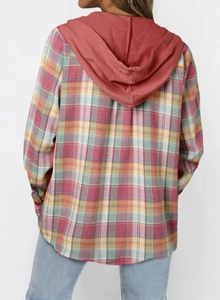 Rear view of a casual hooded plaid shirt for women featuring a large pink solid hood