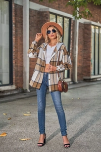 Close-up of a brown plaid hooded shirt jacket featuring heavy wool texture and buttons