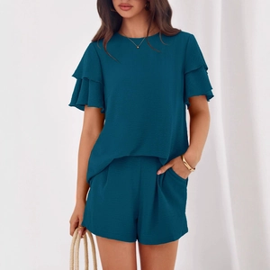 Women's two-piece summer set featuring round neck ruffle sleeve top and shorts in deep teal