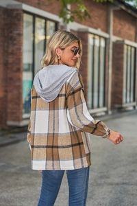 Detail of hooded plaid flannel jacket with grey knit hood and classic check pattern