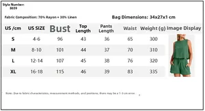 Size chart for women sleeveless top and shorts set with fabric details and measurements