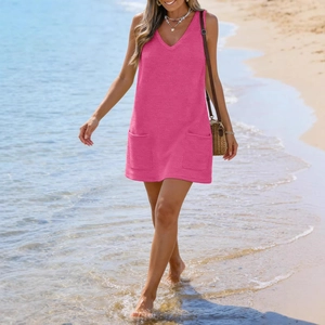 Women's V-neck sleeveless waffle knit beach mini dress in hot pink with functional pockets