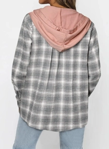 Rear view of a casual long-sleeve plaid hoodie shirt with pink knit hood and curved hemline