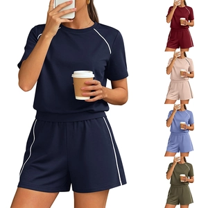 Women Casual Round Neck Short Sleeve Top And Pocket Shorts With Contrast Piping Sporty Viscose Polyester Lounge Wear