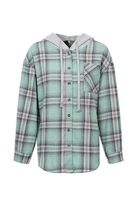 Close-up of green and pink plaid hoodie shirt featuring a front pocket and button detail